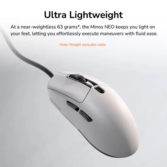COUGAR Minos Neo Symmetrical Wired Gaming Mouse | PixArt PAW3327 Optical Sensor | 6,200 DPI | 1,000 Hz Polling Rate | Ultra-Lightweight 63g | RGB Lighting | Omron 30M Switches | BLACK