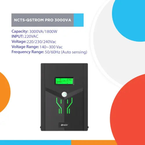 NCTS QSTROM PRO 3000VA/1800W Line Interactive UPS with AVR, Simulated Sinewave Output, Fast Recharge, Full Protection, LCD Display, 12V 9A x4 Batteries , Off-Mode Charging & Generator Compatibility for Personal Computers