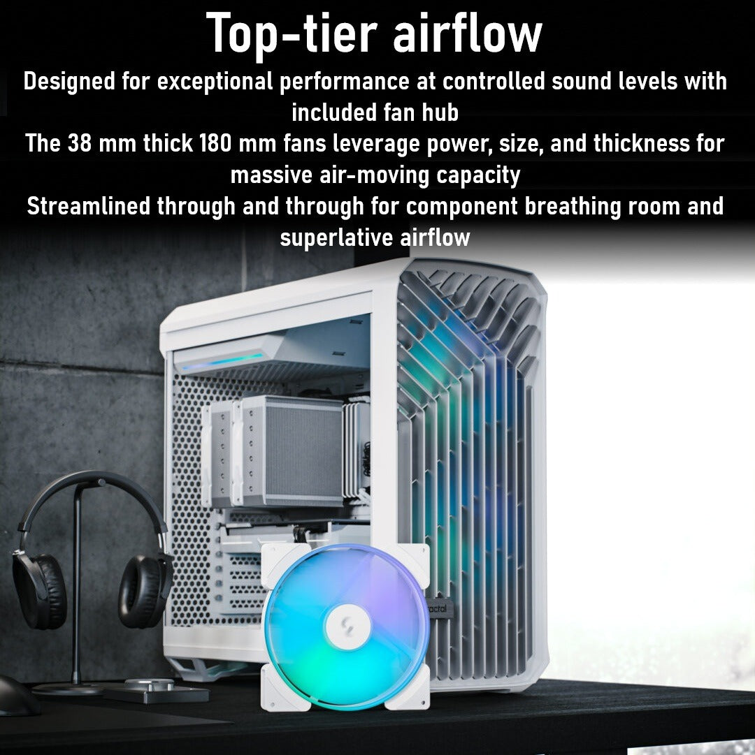 Fractal Torrent White RGB TG Clear Tint PC Case With 180 mm Prisma Fans, Extreme Airflow Design, E-ATX Support, 461 to 423 mm GPU, 420 mm Radiator Compatibility & Tempered Glass ~ FD-C-TOR1A-07