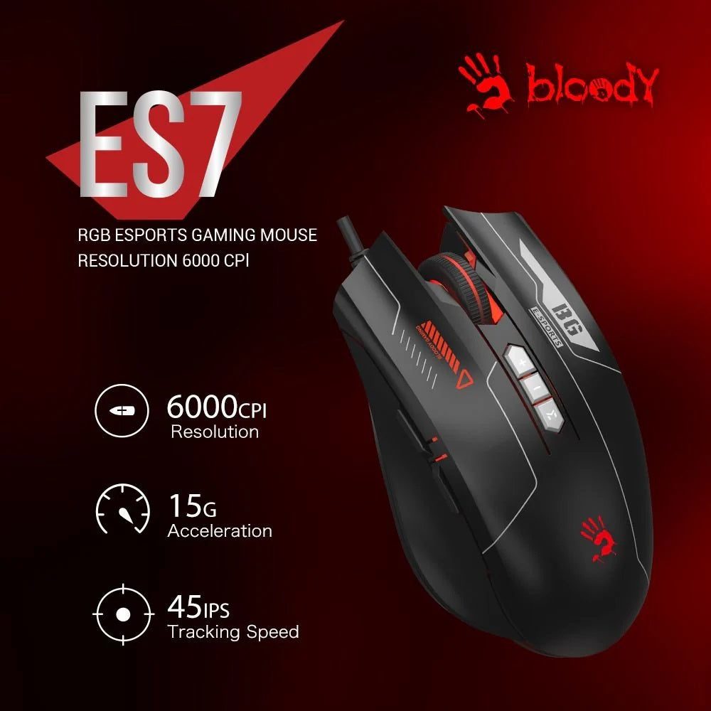 bloody ES7 RGB ESPORTS GAMING MOUSE , 6000 CPI 5-Level Adjustable , Self-Customize M Button , Bloody Esports Software , 1ms Key Response , PixArt Optical Engine Sensor – BLACK