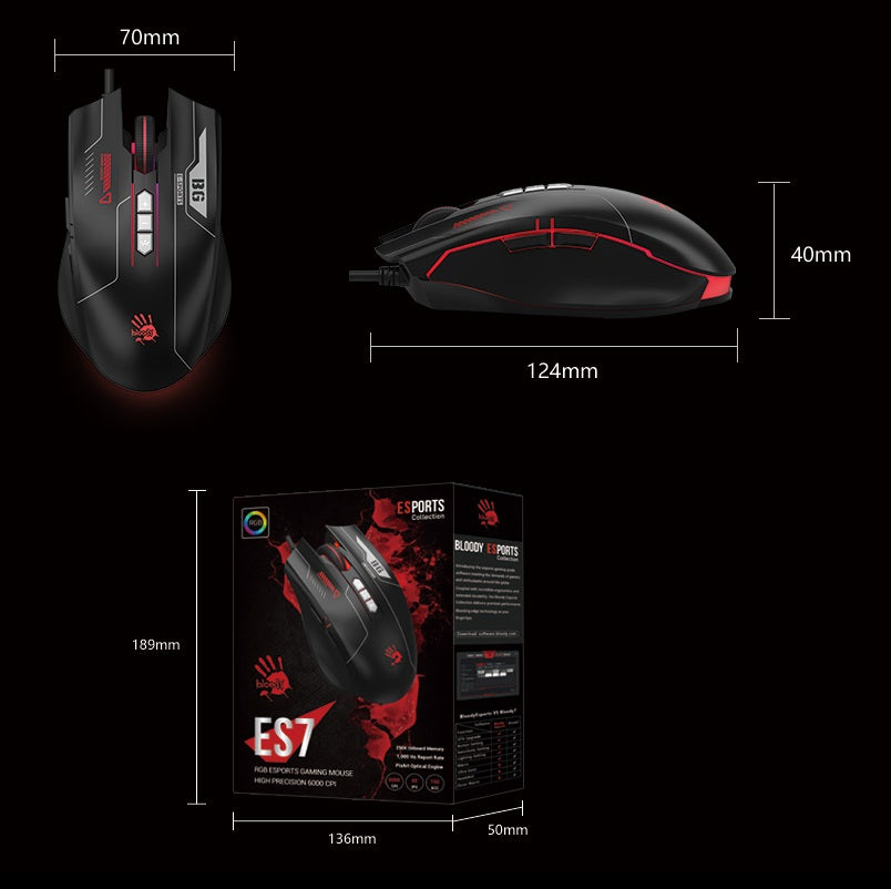 bloody ES7 RGB ESPORTS GAMING MOUSE , 6000 CPI 5-Level Adjustable , Self-Customize M Button , Bloody Esports Software , 1ms Key Response , PixArt Optical Engine Sensor – BLACK