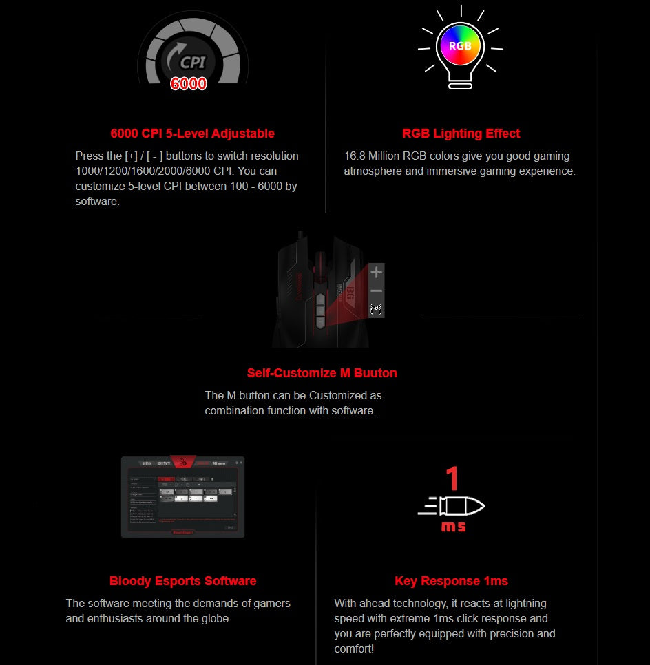 bloody ES7 RGB ESPORTS GAMING MOUSE , 6000 CPI 5-Level Adjustable , Self-Customize M Button , Bloody Esports Software , 1ms Key Response , PixArt Optical Engine Sensor – BLACK