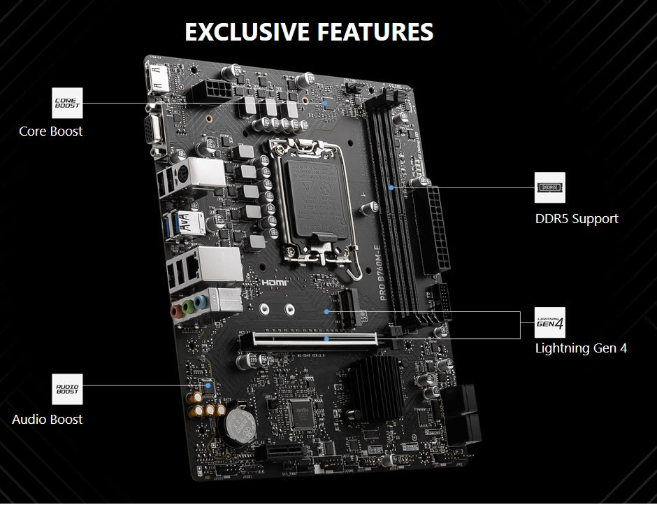 MSI PRO B760M-E DDR5 Motherboard, Micro-ATX – Supports Intel 12th & 13th Gen Core Processors, LGA 1700 – DDR5 Memory Boost 5600MHz, PCIe 4.0 X16 Slot, M.2 Gen4 Slot