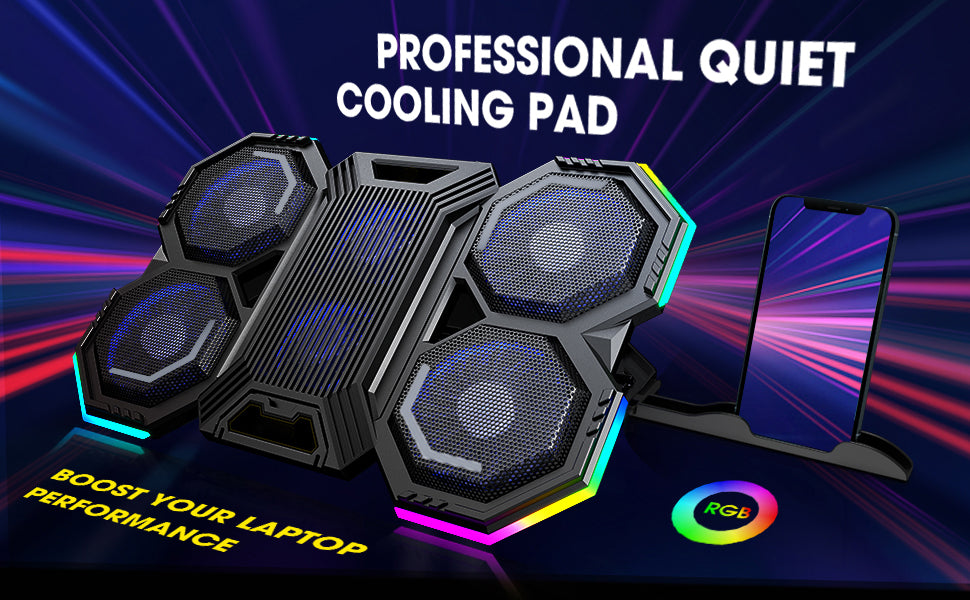 Laptop Cooling Pad, Gaming Laptop Cooling Stand with RGB Light, 6 Quiet Cooling Fans, 6 Height Adjustable and Dual USB Ports for 11 to 15.6 Inch Laptops ,  Extra iPad/Phone Stand