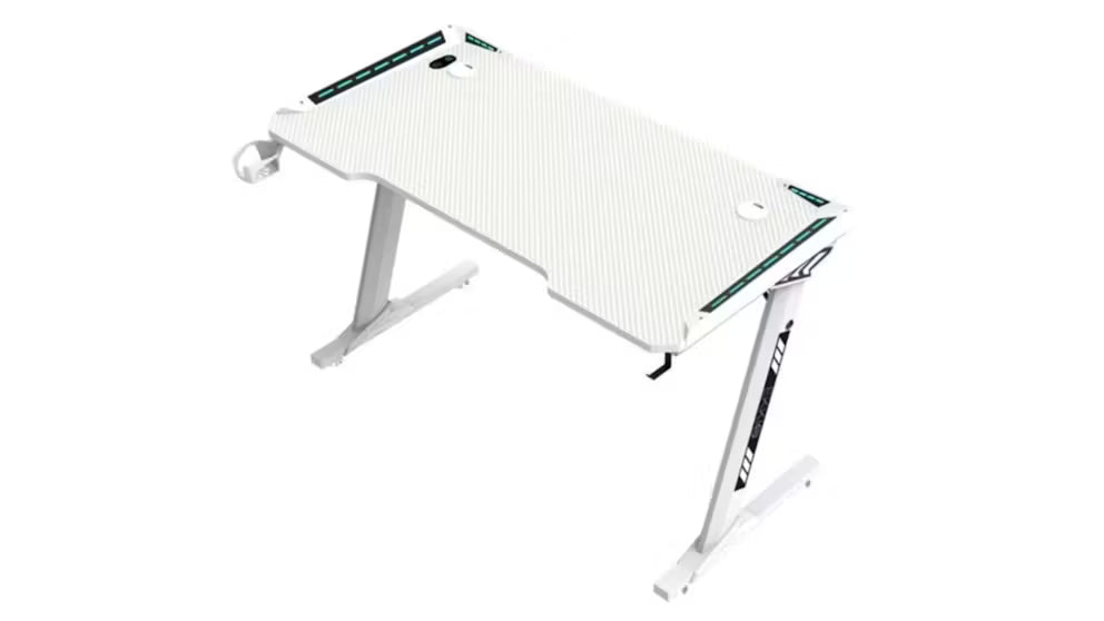 Z8-140 Z-Shaped RGB WHITE Gaming Desk – 140×60×73 cm Carbon-Fibre Surface, Dual Cable Grommets, Cup & Headphone Holders, Steel Frame Stability, Customizable RGB Edge Lighting