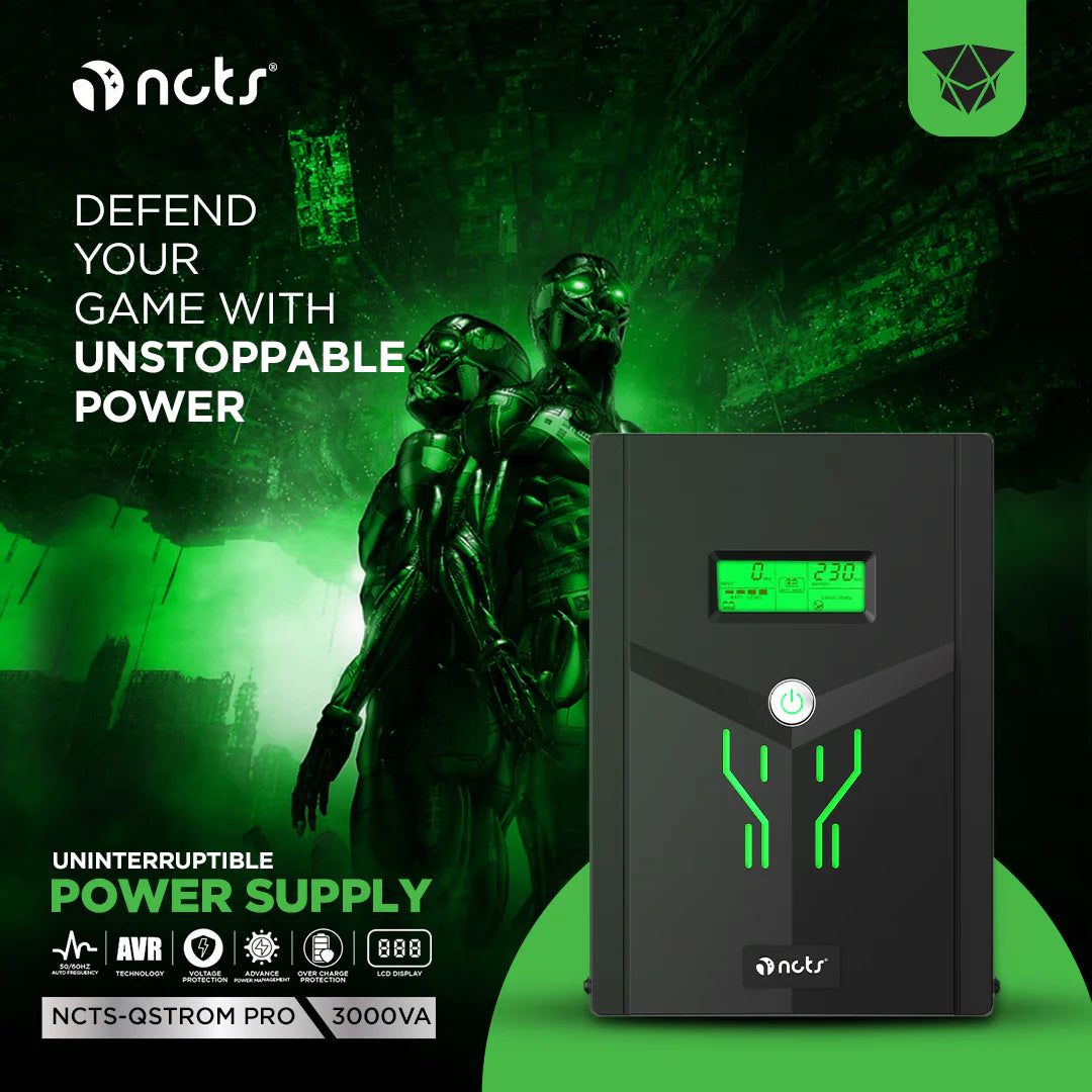 NCTS QSTROM PRO 3000VA/1800W Line Interactive UPS with AVR, Simulated Sinewave Output, Fast Recharge, Full Protection, LCD Display, 12V 9A x4 Batteries , Off-Mode Charging & Generator Compatibility for Personal Computers