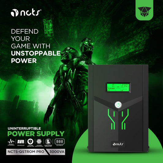 NCTS QSTROM PRO 3000VA/1800W Line Interactive UPS with AVR, Simulated Sinewave Output, Fast Recharge, Full Protection, LCD Display, 12V 9A x4 Batteries , Off-Mode Charging & Generator Compatibility for Personal Computers
