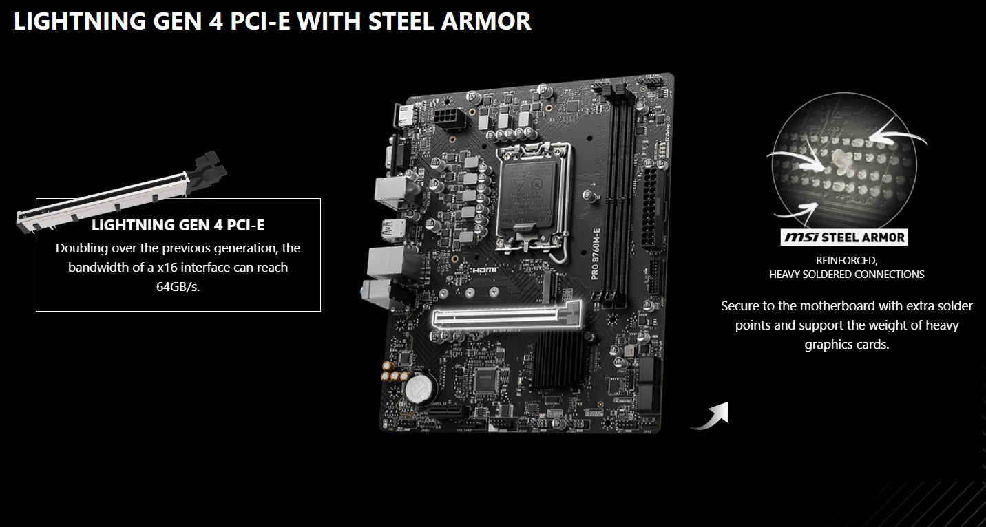 MSI PRO B760M-E DDR5 Motherboard, Micro-ATX – Supports Intel 12th & 13th Gen Core Processors, LGA 1700 – DDR5 Memory Boost 5600MHz, PCIe 4.0 X16 Slot, M.2 Gen4 Slot