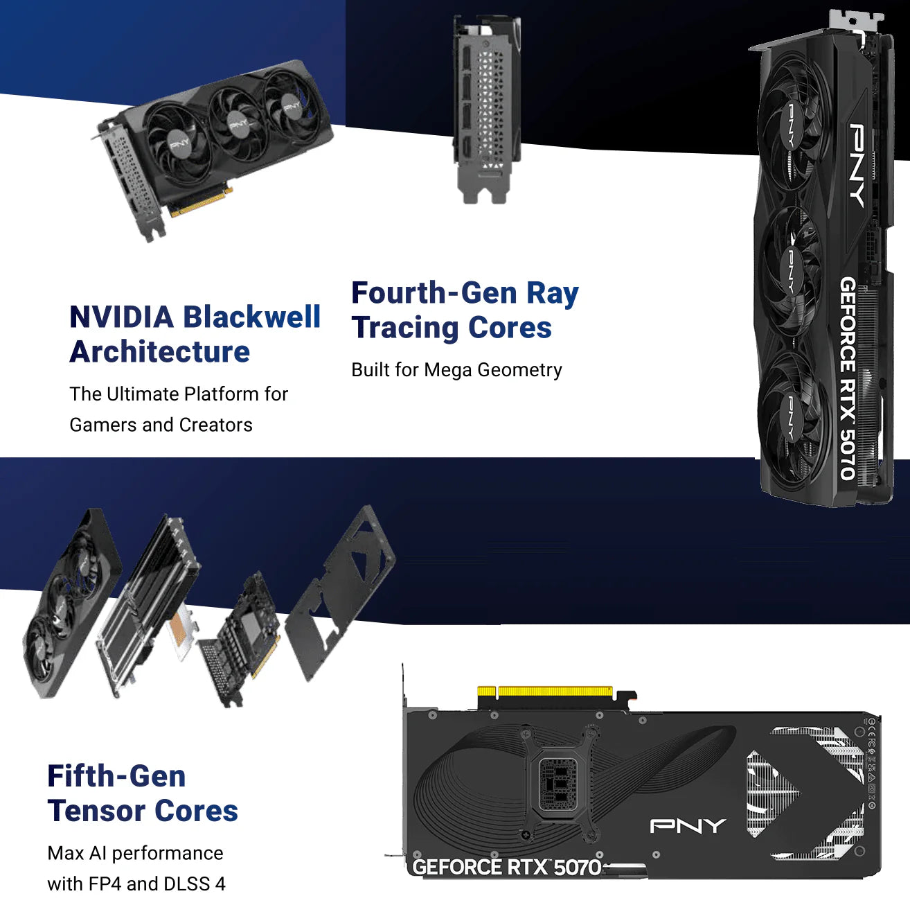 PNY GeForce RTX 5070 OC 12GB GDDR7 Overclocked GPU With Triple Fan Cooling & Stealth Mode , DLSS 4, Ray Tracing, PCIe 5.0, 6144 CUDA , 2587 MHz Boost, Blackwell Architecture, 4K/8K Ready, Metal Backplate, 250W TDP | BLACK | 1 YEAR WARRANTY
